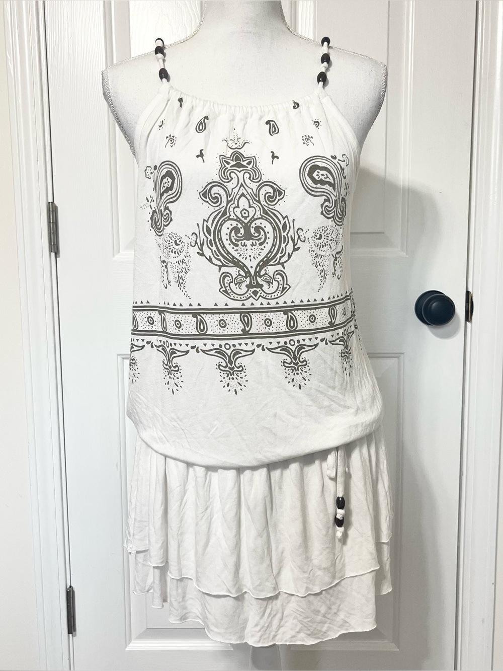 Lascana White Bohemian Paisley Mini Dress Beaded Halter Neck Beach Sundress 8